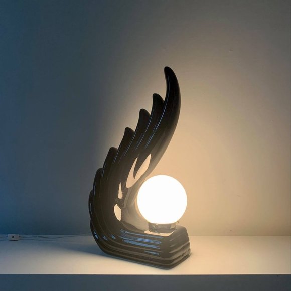 Mid Century Art Deco Wave Lamp in Black Glazed Ceramic - Picture 2 of 8